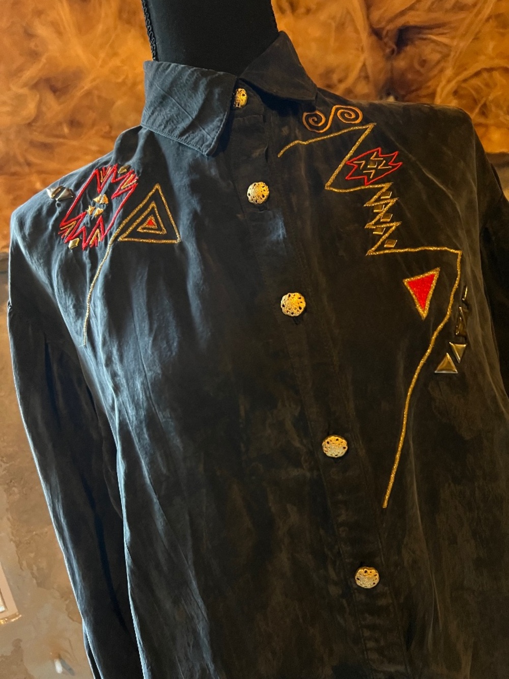 D. Frank Vintage Silk Blouse w/ Geometric Embroidery